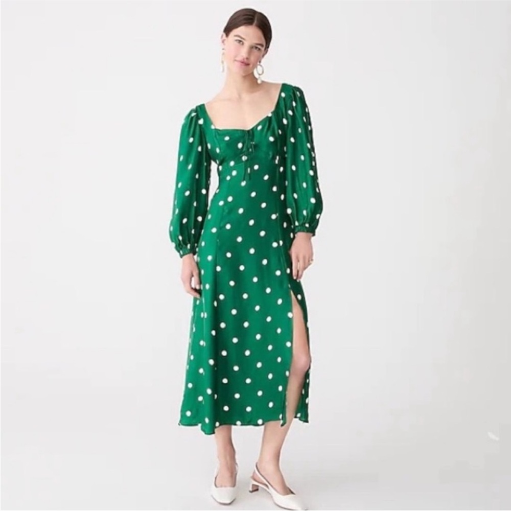 J Crew NEW Green White Polka Dot Sweetheart Long Sleeve Midi Dress Size 12 - Picture 2 of 13